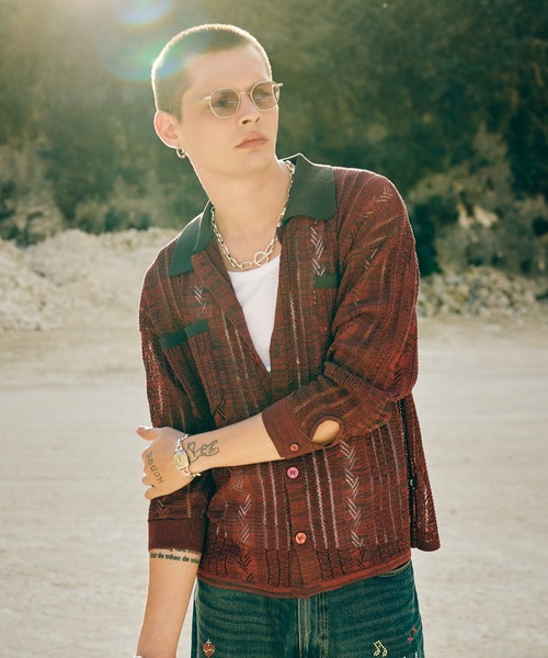 glamb(グラム)の「Openwork Knit Shirt / オープンワークニットシャツ(シャツ/ブラウス・メンズ・ブラック/レッド・M/L)」の2枚目の写真