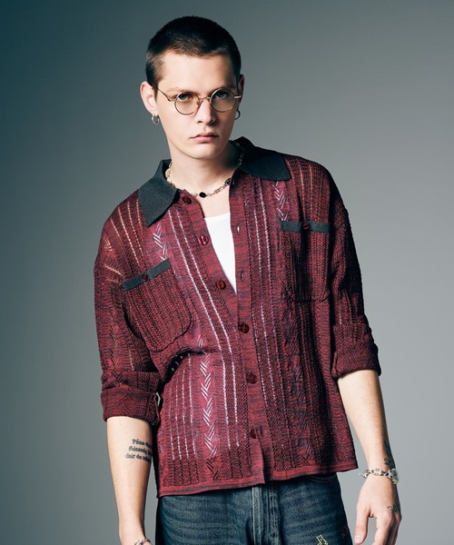 glamb(グラム)の「Openwork Knit Shirt / オープンワークニットシャツ(シャツ/ブラウス・メンズ・ブラック/レッド・M/L)」の9枚目の写真