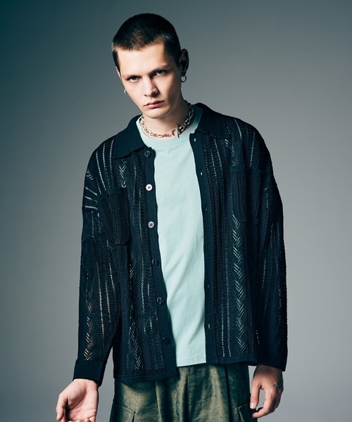 glamb(グラム)の「Openwork Knit Shirt / オープンワークニットシャツ(シャツ/ブラウス・メンズ・ブラック/レッド・M/L)」の5枚目の写真