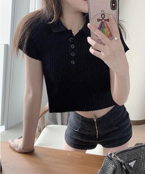 semuse(セミューズ)の「ポロ衿クロップド丈半袖トップス(Tシャツ/カットソー・レディース・ブラック/ホワイト・FREE)」の6枚目の写真