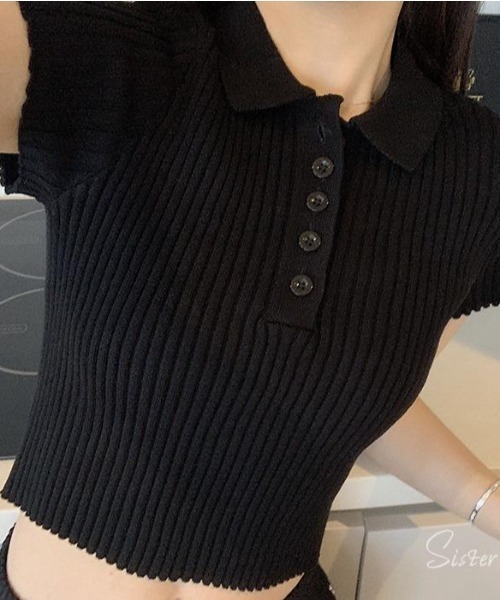 semuse(セミューズ)の「ポロ衿クロップド丈半袖トップス(Tシャツ/カットソー・レディース・ブラック/ホワイト・FREE)」の7枚目の写真