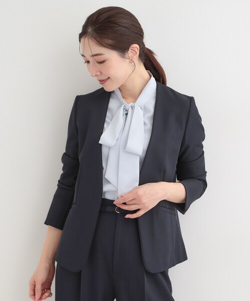 SHOO・LA・RUE（シューラルー）の「【セットアップ可/多機能/SS-3L】すっきりと好印象 カラーレスジャケット（ノーカラージャケット・レディース・ナチュラル/グレー/ネイビー・02/01/10/05/04/03）」の12枚目の写真