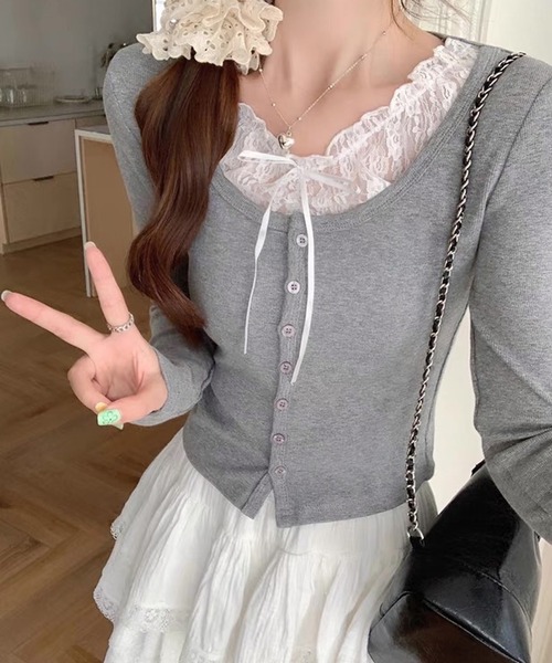shopnikoniko（ショップニコニコ）の「ニット カーディガン レース リボン レースレイヤード風 ニットカーディガン（カーディガン/ボレロ・レディース・グレー・フリー）」の2枚目の写真