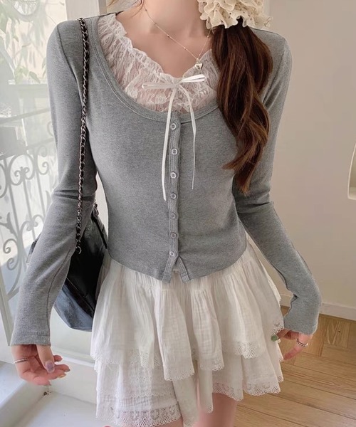 shopnikoniko（ショップニコニコ）の「ニット カーディガン レース リボン レースレイヤード風 ニットカーディガン（カーディガン/ボレロ・レディース・グレー・フリー）」の3枚目の写真