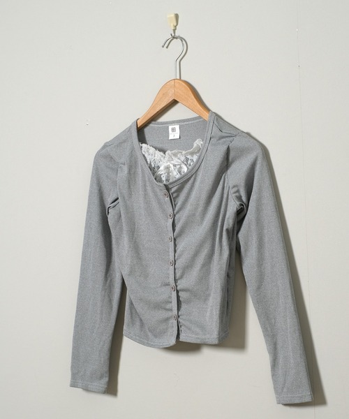 shopnikoniko（ショップニコニコ）の「ニット カーディガン レース リボン レースレイヤード風 ニットカーディガン（カーディガン/ボレロ・レディース・グレー・フリー）」の5枚目の写真