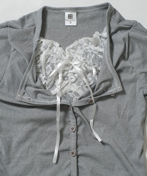shopnikoniko（ショップニコニコ）の「ニット カーディガン レース リボン レースレイヤード風 ニットカーディガン（カーディガン/ボレロ・レディース・グレー・フリー）」の7枚目の写真