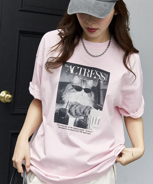 PUBLUX/パブリュクス ＜機能性素材＞MAGAZINE キャット フォト Tシャツ