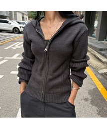 MIX RIBBED KNIT HOODIE ZIP-UP-3COLOR