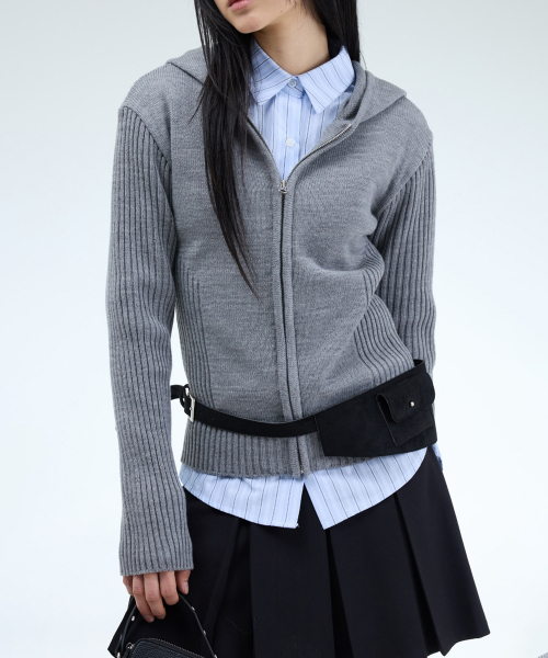 PORTERNA（ポルテナ）の「MIX RIBBED KNIT HOODIE ZIP-UP-3COLOR（ニット/セーター・レディース・ライトグレー/ベージュ/チャコール・OS）」の5枚目の写真
