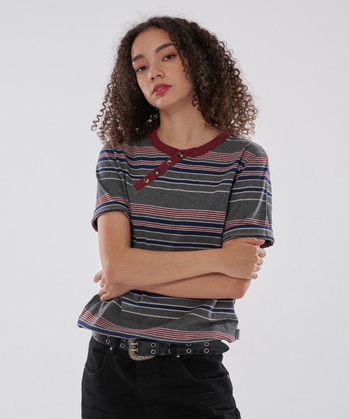 WISH FOR EVER（ウィッシュフォーエバー）の「DRAW CODE SLASH HENRY BORDER T/ドローコードスラッシュヘンリーボーダーT（Tシャツ/カットソー・メンズ・ネイビー/パープル/ブラウン/グレー・MEDIUM/LARGE/SMALL）」の10枚目の写真