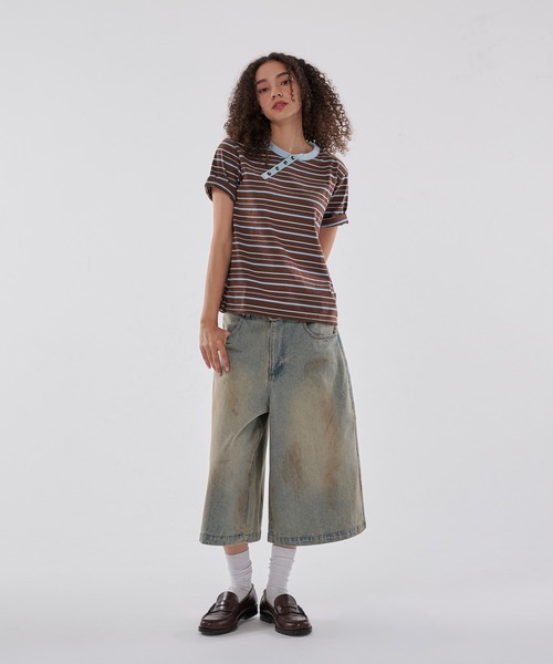 WISH FOR EVER（ウィッシュフォーエバー）の「DRAW CODE SLASH HENRY BORDER T/ドローコードスラッシュヘンリーボーダーT（Tシャツ/カットソー・メンズ・ネイビー/パープル/ブラウン/グレー・MEDIUM/LARGE/SMALL）」の13枚目の写真