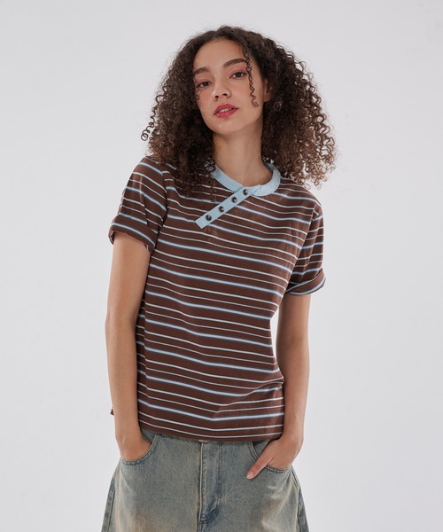 WISH FOR EVER（ウィッシュフォーエバー）の「DRAW CODE SLASH HENRY BORDER T/ドローコードスラッシュヘンリーボーダーT（Tシャツ/カットソー・メンズ・ネイビー/パープル/ブラウン/グレー・MEDIUM/LARGE/SMALL）」の16枚目の写真