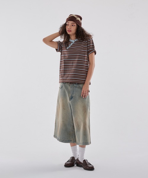 WISH FOR EVER（ウィッシュフォーエバー）の「DRAW CODE SLASH HENRY BORDER T/ドローコードスラッシュヘンリーボーダーT（Tシャツ/カットソー・メンズ・ネイビー/パープル/ブラウン/グレー・MEDIUM/LARGE/SMALL）」の20枚目の写真