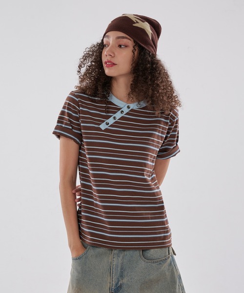 WISH FOR EVER（ウィッシュフォーエバー）の「DRAW CODE SLASH HENRY BORDER T/ドローコードスラッシュヘンリーボーダーT（Tシャツ/カットソー・メンズ・ネイビー/パープル/ブラウン/グレー・MEDIUM/LARGE/SMALL）」の21枚目の写真