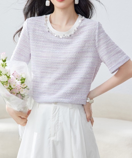 AMAJI（アマジ）の「パールネックツイードトップス（Tシャツ/カットソー・レディース・ライトパープル・SMALL/MEDIUM/LARGE/X-LARGE）」の2枚目の写真
