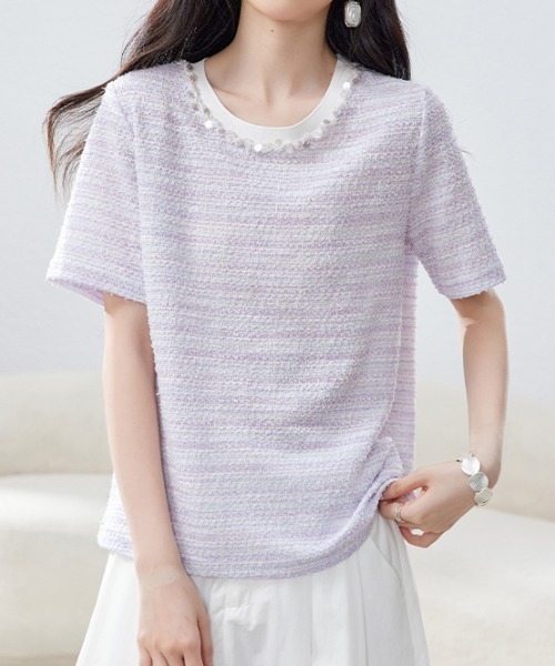 AMAJI（アマジ）の「パールネックツイードトップス（Tシャツ/カットソー・レディース・ライトパープル・SMALL/MEDIUM/LARGE/X-LARGE）」の3枚目の写真