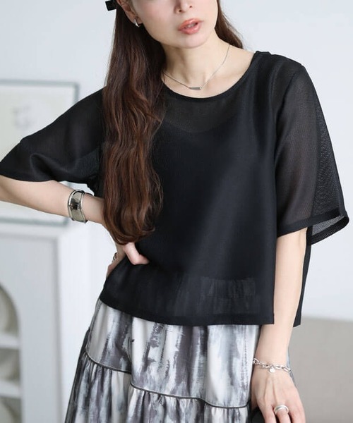 GOLDJAPAN(ゴールドジャパン)の「クロップドメッシュプルオーバー【大きいサイズ対応】(Tシャツ/カットソー・レディース・ブラウン/ブラック/アイボリー・LL/3L/4L/5L)」の1枚目の写真