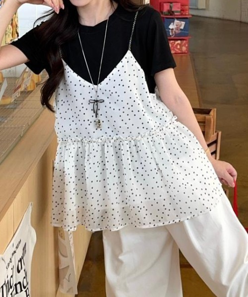 Teem Store（チームストア）の「【ドット柄 】フレアキャミソールトップス　レイヤード　重ね着（キャミソール・レディース・ベージュ/ブラック・F）」の15枚目の写真