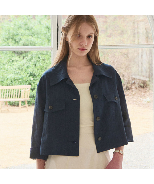 SLOWLOLLI(スローローリ)の「Ease linen crop jacket_2 Colors(デニムジャケット・レディース・Beige/ネイビー・FREE)」の1枚目の写真