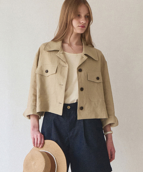 SLOWLOLLI(スローローリ)の「Ease linen crop jacket_2 Colors(デニムジャケット・レディース・Beige/ネイビー・FREE)」の3枚目の写真