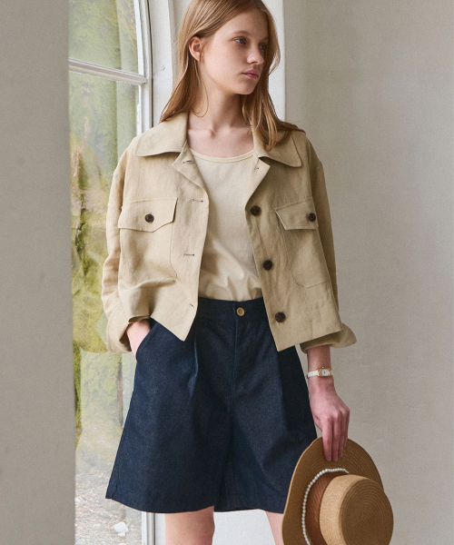 SLOWLOLLI(スローローリ)の「Ease linen crop jacket_2 Colors(デニムジャケット・レディース・Beige/ネイビー・FREE)」の6枚目の写真