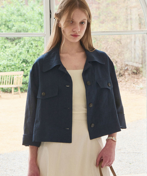 SLOWLOLLI(スローローリ)の「Ease linen crop jacket_2 Colors(デニムジャケット・レディース・Beige/ネイビー・FREE)」の7枚目の写真
