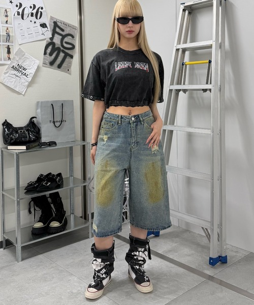 Figments（フィグメンツ）の「ダーティデニムハーフパンツ（デニムパンツ・レディース・インディゴブルー・LARGE/MEDIUM/SMALL）」の3枚目の写真