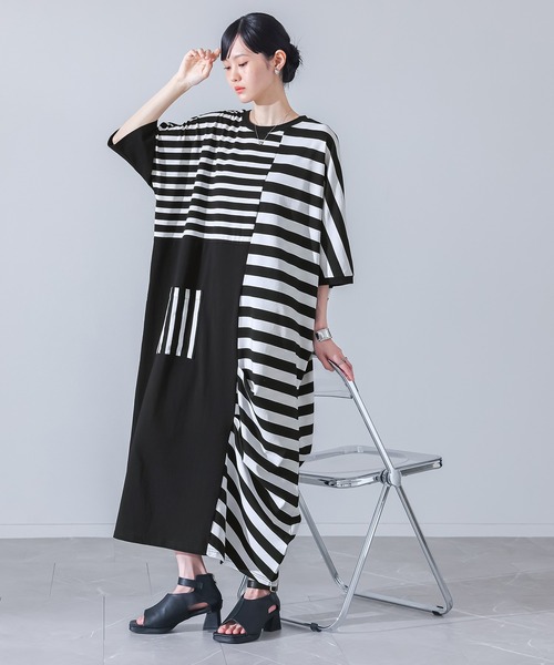 kOhAKU（コハク）の「ミックスボーダー切替アシメワンピース（ワンピース・レディース・ブラック・FREE）」の6枚目の写真