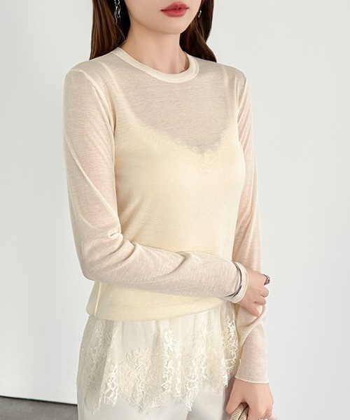 COCOMOMO(ココモモ)の「素肌に寄り添うやわらか質感 ソフトタッチシアーロンT シアートップス 長袖 ソフト シアー トップス カットソー ロンT シアーロンT インナー レイヤードトップス クルーネック 冷房対策 UV対策(Tシャツ/カットソー・レディース・ライトグレー/アイボリー/ホワイト/ブラック・S/M/L)」の14枚目の写真