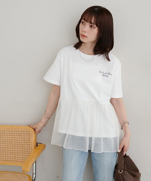 DISCOAT(ディスコート)の「【WEB限定】チュールギャザーTシャツ(Tシャツ/カットソー・レディース・オフホワイト/ブラック・FREE)」の11枚目の写真