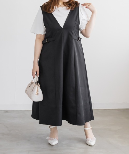 CLETTE(クレット)の「サイドベルトVネックジャンスカワンピース(ワンピース・レディース・グレイッシュベージュ/ピンクベージュ/ブラック・3L/4L/LL)」の5枚目の写真