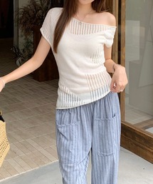 オフショルダーリブニットトップス