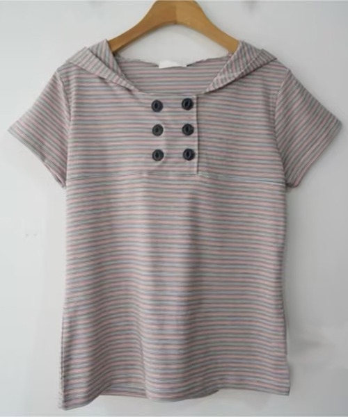 AsheKsha（アシクシャ）の「細ストライプのダブルボタンショート丈半袖（Tシャツ/カットソー・レディース・マルチ・M）」の9枚目の写真