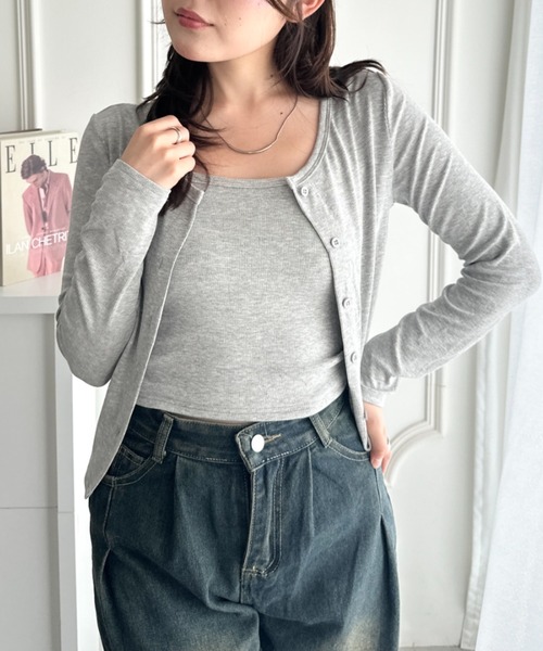 CLEA(クレア)の「カップ付きキャミソール×ショート丈カーディガンセット(Tシャツ/カットソー・レディース・グレー/ブラック/チャコールグレー/ホワイト/カーキ・FREE)」の4枚目の写真