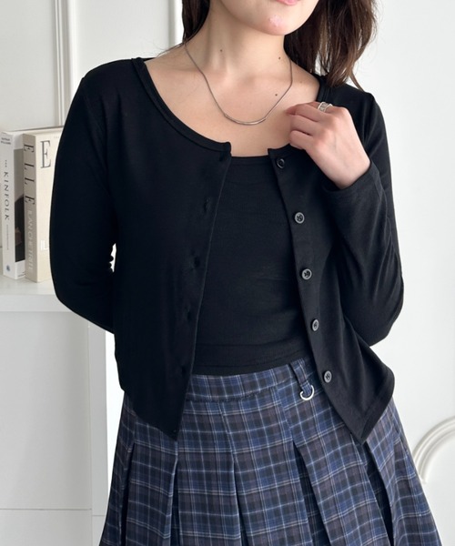 CLEA(クレア)の「カップ付きキャミソール×ショート丈カーディガンセット(Tシャツ/カットソー・レディース・グレー/ブラック/チャコールグレー/ホワイト/カーキ・FREE)」の1枚目の写真