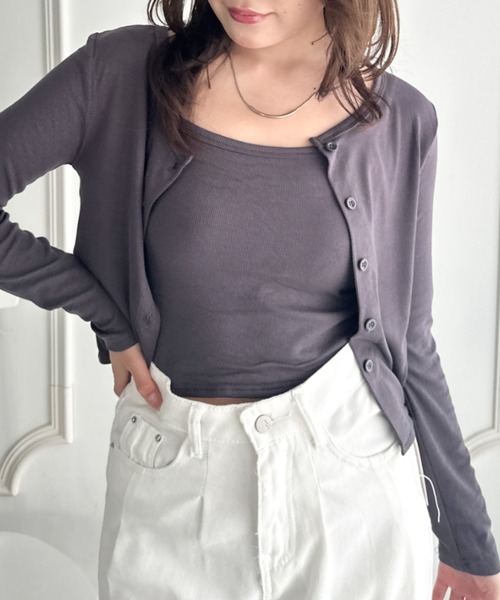 CLEA(クレア)の「カップ付きキャミソール×ショート丈カーディガンセット(Tシャツ/カットソー・レディース・グレー/ブラック/チャコールグレー/ホワイト/カーキ・FREE)」の14枚目の写真