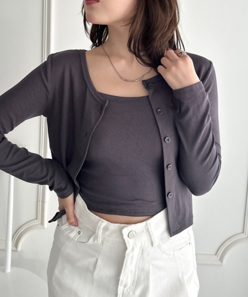 CLEA(クレア)の「カップ付きキャミソール×ショート丈カーディガンセット(Tシャツ/カットソー・レディース・グレー/ブラック/チャコールグレー/ホワイト/カーキ・FREE)」の15枚目の写真