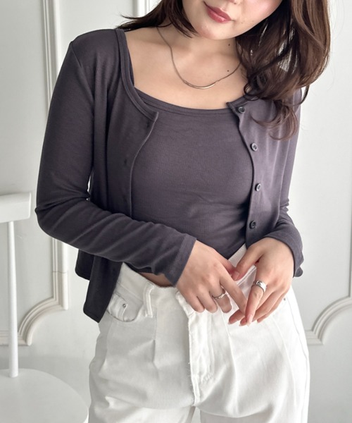 CLEA(クレア)の「カップ付きキャミソール×ショート丈カーディガンセット(Tシャツ/カットソー・レディース・グレー/ブラック/チャコールグレー/ホワイト/カーキ・FREE)」の16枚目の写真