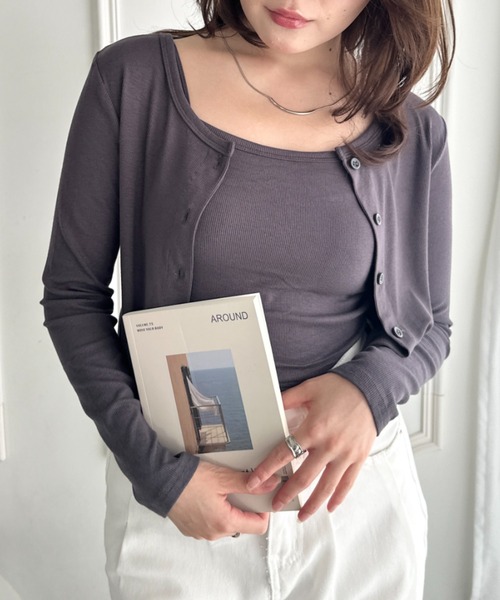 CLEA(クレア)の「カップ付きキャミソール×ショート丈カーディガンセット(Tシャツ/カットソー・レディース・グレー/ブラック/チャコールグレー/ホワイト/カーキ・FREE)」の17枚目の写真
