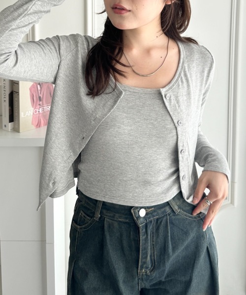 CLEA(クレア)の「カップ付きキャミソール×ショート丈カーディガンセット(Tシャツ/カットソー・レディース・グレー/ブラック/チャコールグレー/ホワイト/カーキ・FREE)」の18枚目の写真