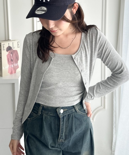 CLEA(クレア)の「カップ付きキャミソール×ショート丈カーディガンセット(Tシャツ/カットソー・レディース・グレー/ブラック/チャコールグレー/ホワイト/カーキ・FREE)」の21枚目の写真