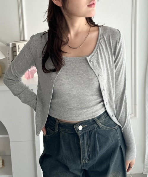 CLEA(クレア)の「カップ付きキャミソール×ショート丈カーディガンセット(Tシャツ/カットソー・レディース・グレー/ブラック/チャコールグレー/ホワイト/カーキ・FREE)」の20枚目の写真