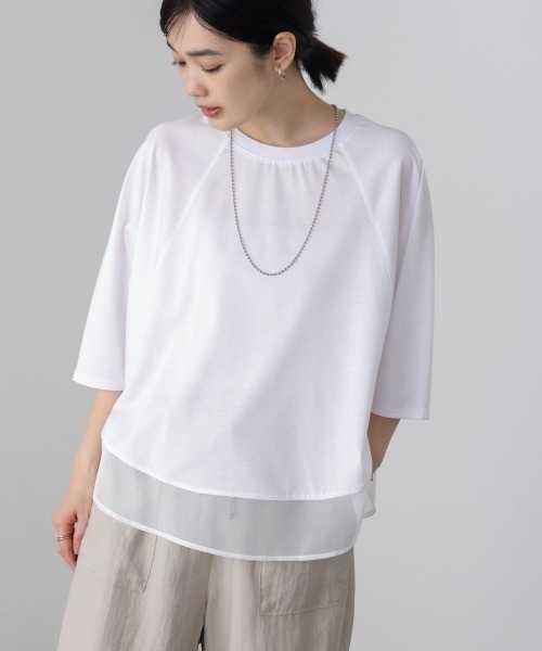 Bou Jeloud(ブージュルード)の「レーヨン天竺異素材ペプラムプルオーバー(Tシャツ/カットソー・レディース・オフホワイト/ブラック・FREE)」の3枚目の写真