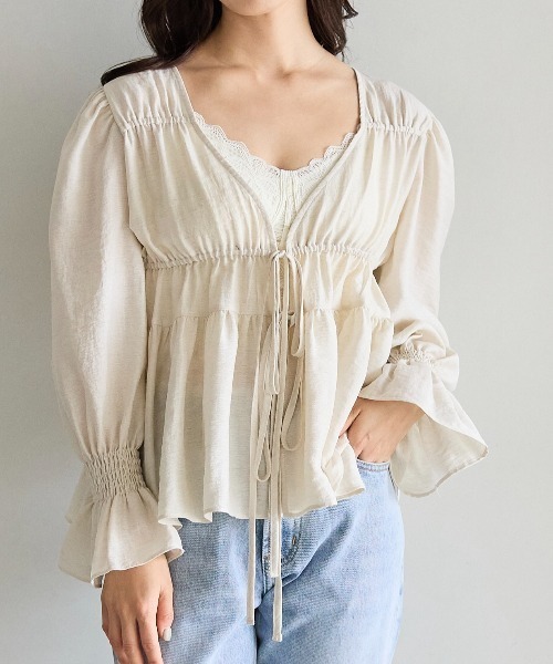 BIRTHDAY BASH(バースデイバッシュ)の「PUFF SLEEVE RIBBON BLOUSE CARDIGAN(パフスリーブリボンブラウスカーディガン)(シャツ/ブラウス・レディース・ブラック/アイボリー・FREE)」の2枚目の写真