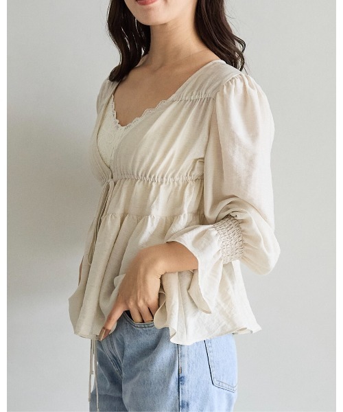 BIRTHDAY BASH(バースデイバッシュ)の「PUFF SLEEVE RIBBON BLOUSE CARDIGAN(パフスリーブリボンブラウスカーディガン)(シャツ/ブラウス・レディース・ブラック/アイボリー・FREE)」の16枚目の写真