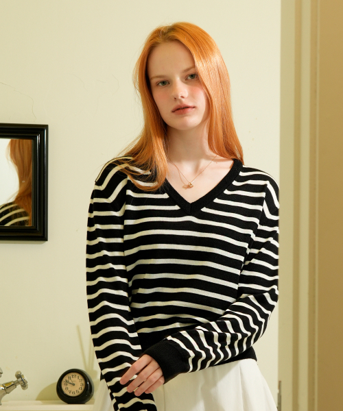 VLETI（ブレッティ）の「Premium Anti-filling Wool V-neck Striped Knit (Black)（ニット/セーター・レディース・ブラック・FREE）」の2枚目の写真