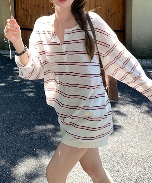 shyam inspiration(シャムインスピレーション)の「ヘンリーネックシアーボーダーロンT(Tシャツ/カットソー・レディース・レッド/ピンク/サックスブルー・M/L)」の4枚目の写真