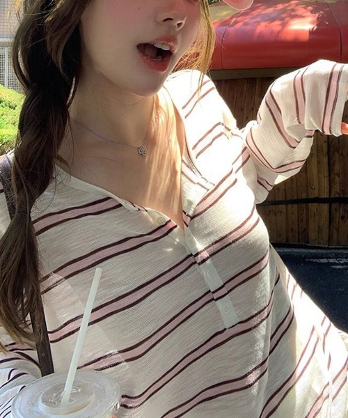shyam inspiration(シャムインスピレーション)の「ヘンリーネックシアーボーダーロンT(Tシャツ/カットソー・レディース・レッド/ピンク/サックスブルー・M/L)」の5枚目の写真