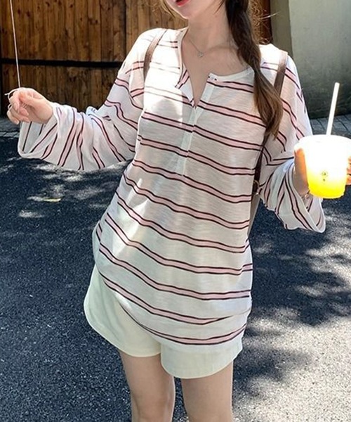 shyam inspiration(シャムインスピレーション)の「ヘンリーネックシアーボーダーロンT(Tシャツ/カットソー・レディース・レッド/ピンク/サックスブルー・M/L)」の7枚目の写真