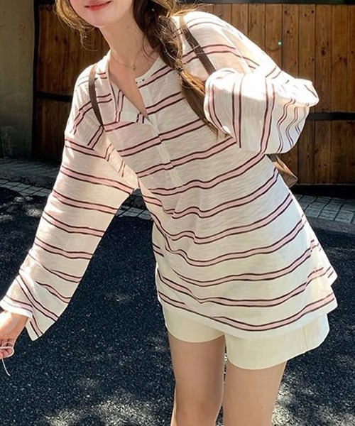 shyam inspiration(シャムインスピレーション)の「ヘンリーネックシアーボーダーロンT(Tシャツ/カットソー・レディース・レッド/ピンク/サックスブルー・M/L)」の8枚目の写真